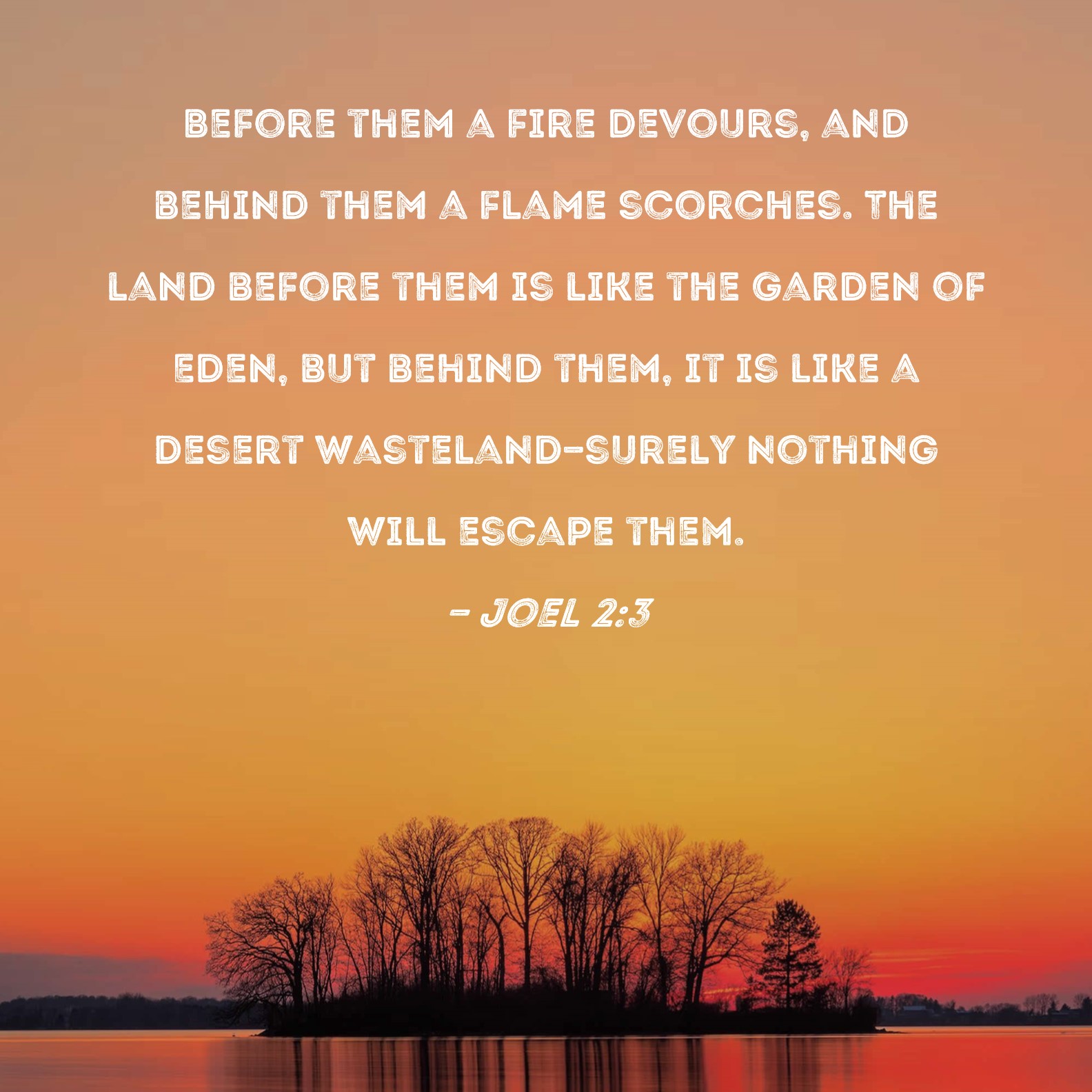 Joel 2:3 Before them a fire devours, and behind them a flame scorches ...